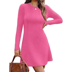 Ribbed Knit Round Neck Long Sleeve Slim A-Line Midi Dress