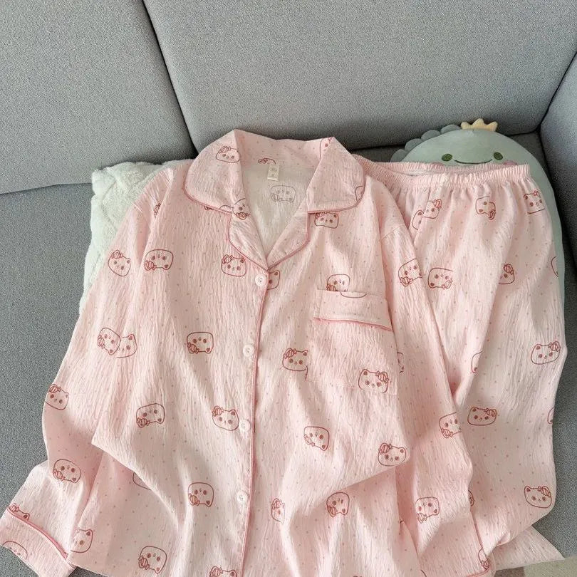 Light Blue Leopard Shirt & Pants 2 Piece Pajamas with Pocket Embroidery