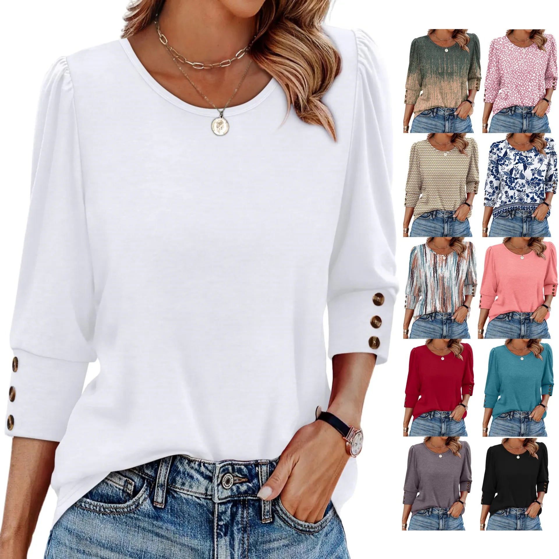 Puff Sleeve Button Cuff Half Sleeve T-Shirt