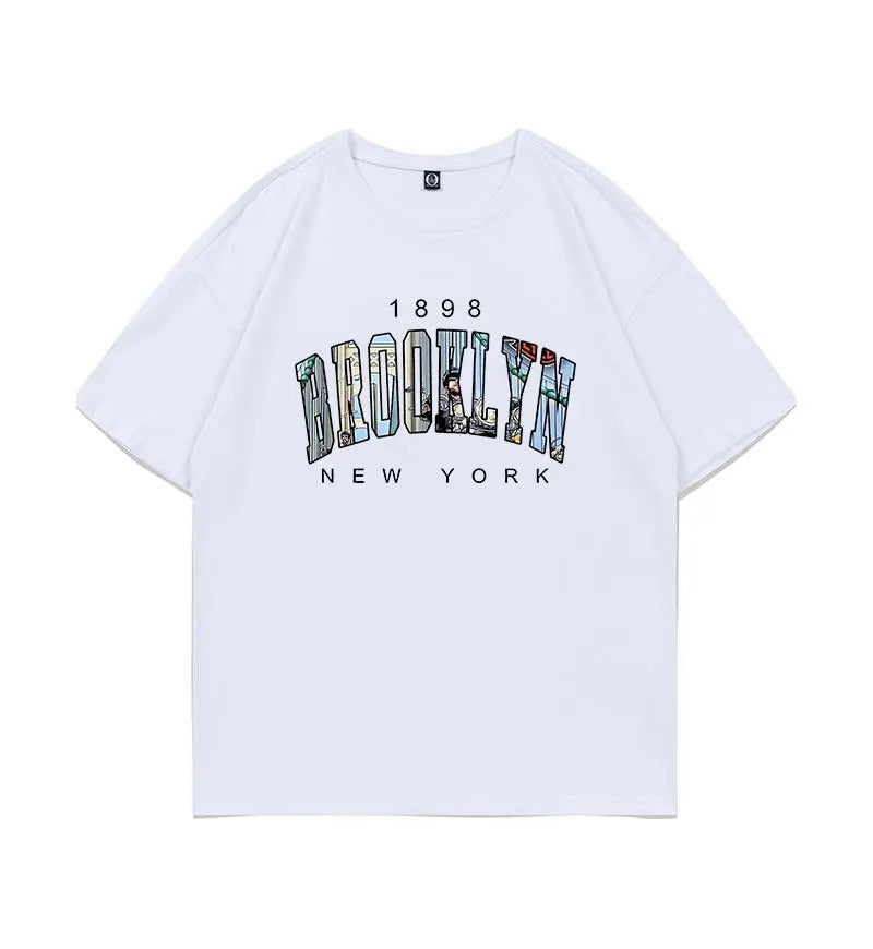 Men's Brooklyn Letter Print Loose Cotton Short Sleeve T-Shirt