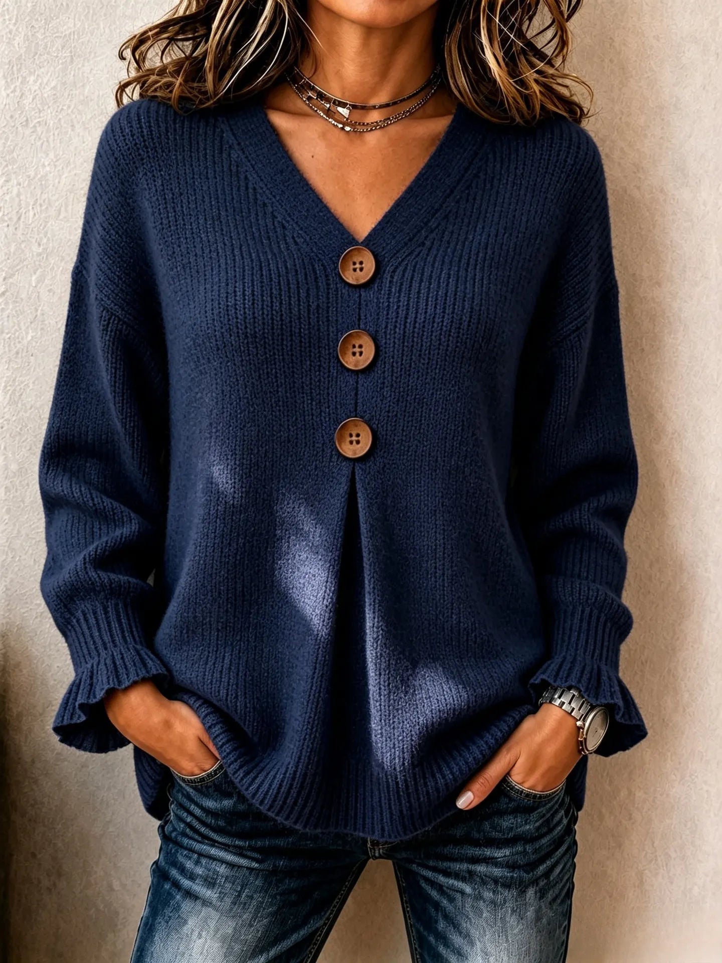 V‑Neck Button Detail Pullover Sweater