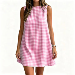 Round Neck Gingham Check Sleeveless Loose A-Line Mini Casual Dress