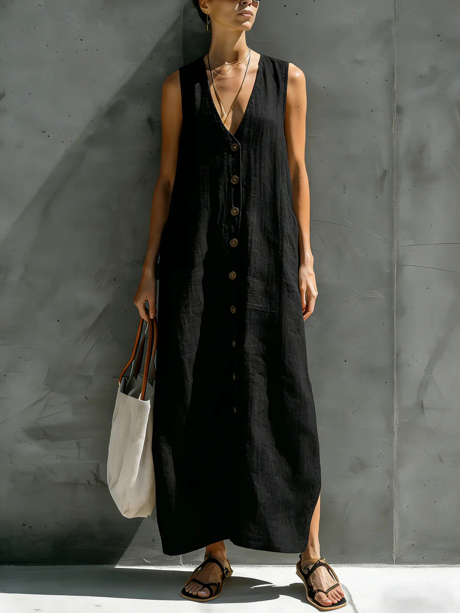 Solid V-Neck Sleeveless Button Front Casual Maxi Dress