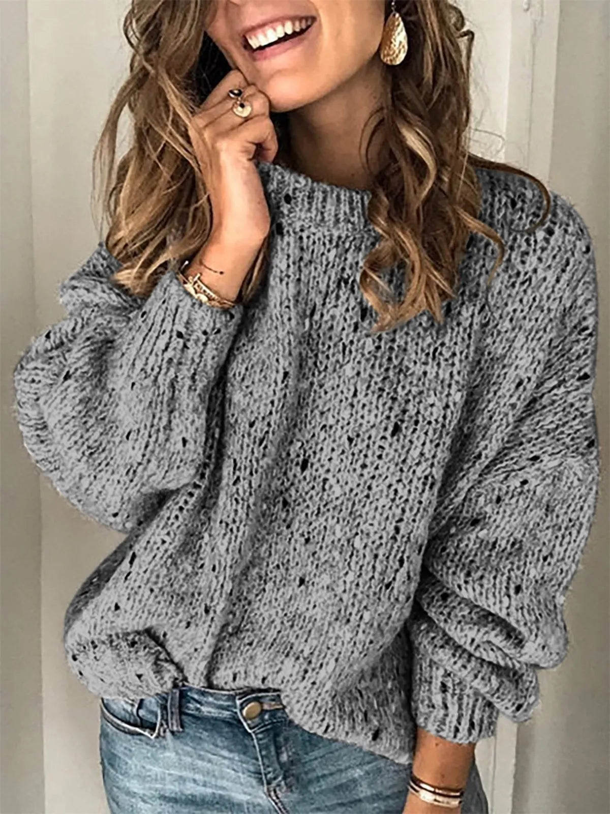 Speckled Chunky Open Knit Sweater | Boat Neck Lantern Long Sleeve Loose Pullover