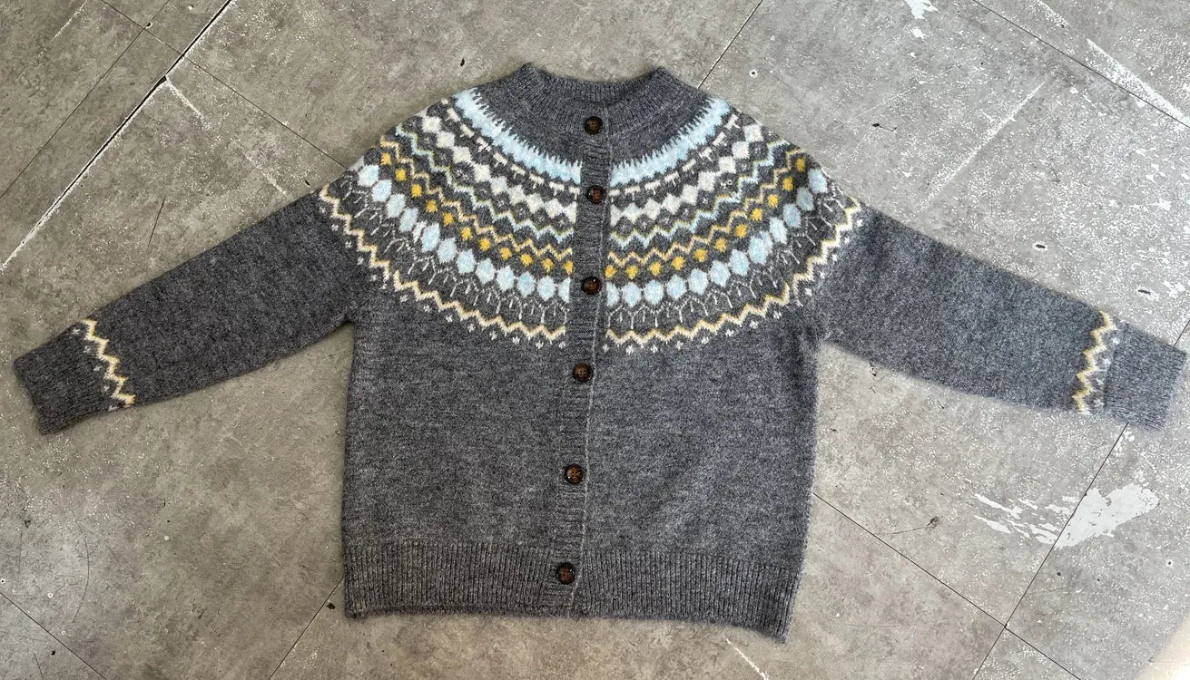 Vintage Fair Isle Knit Cardigan Round Neck Button Front Long Sleeve Sweater Jacket