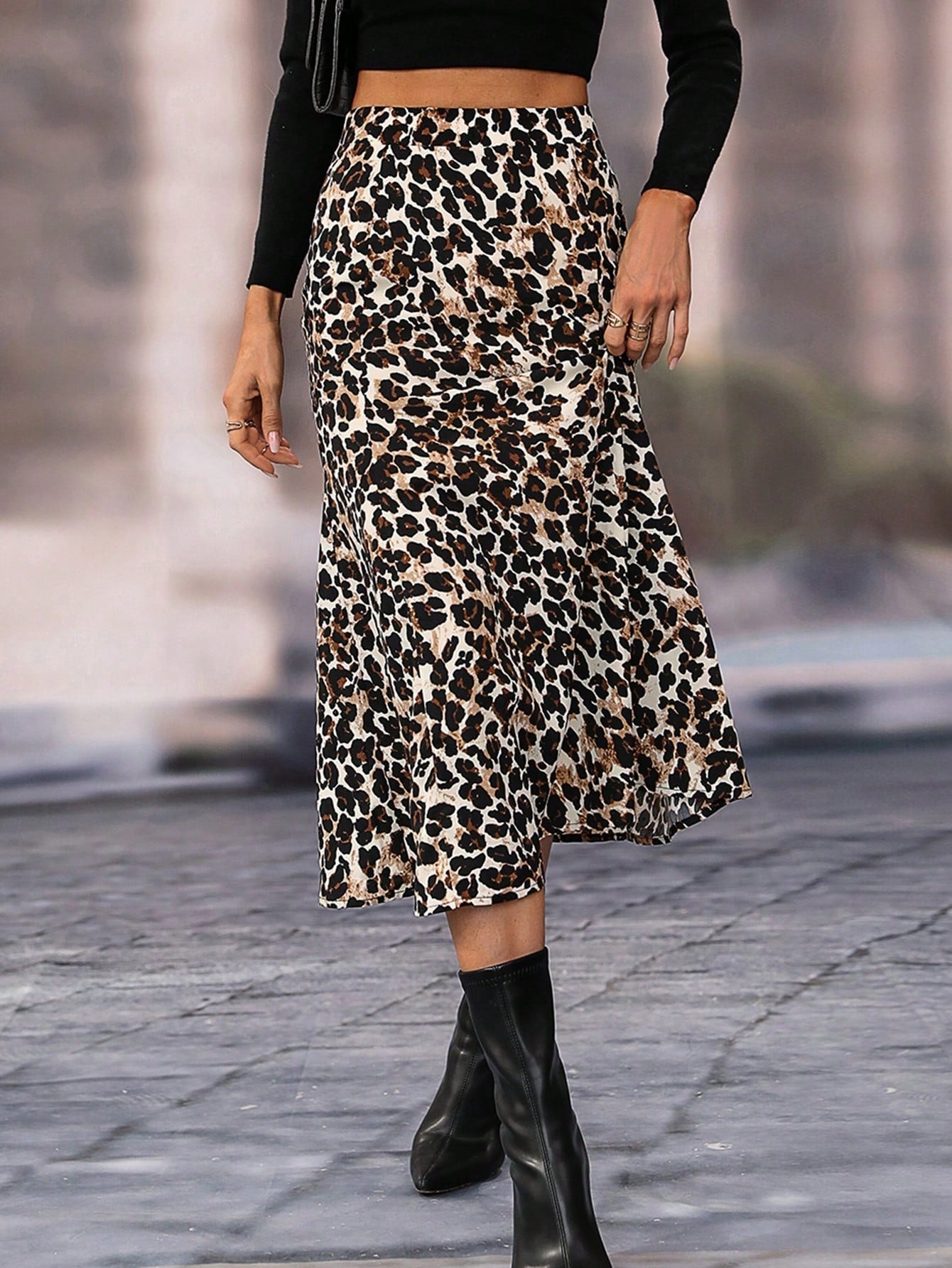 High Waist Leopard Print A-Line Midi Skirt