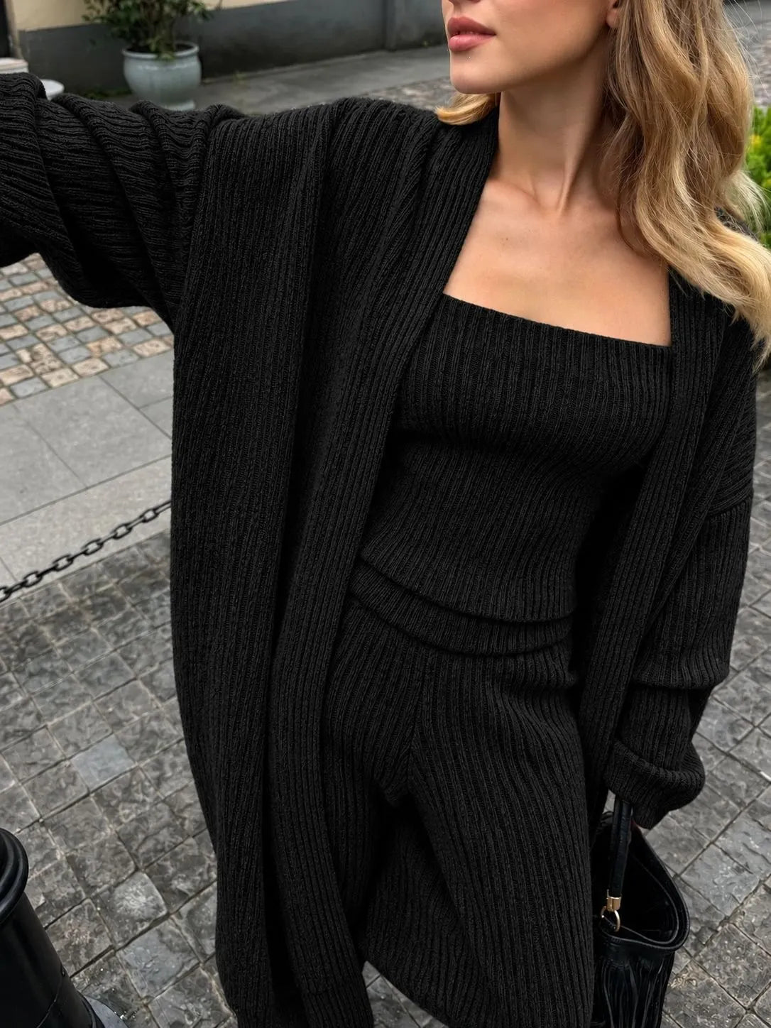 Casual Knit 3 Piece Matching Set, Heather Grey Long Duster Cardigan Cami And Wide Leg Pants Outfit