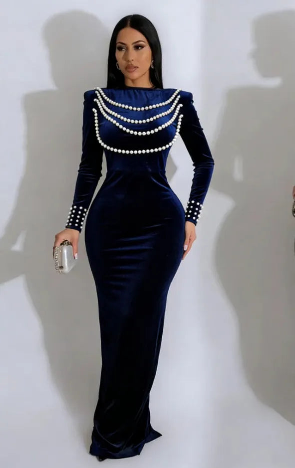 Solid Pearl Beaded Round Neck Long Sleeve High Waist Velvet Mermaid Maxi Dress
