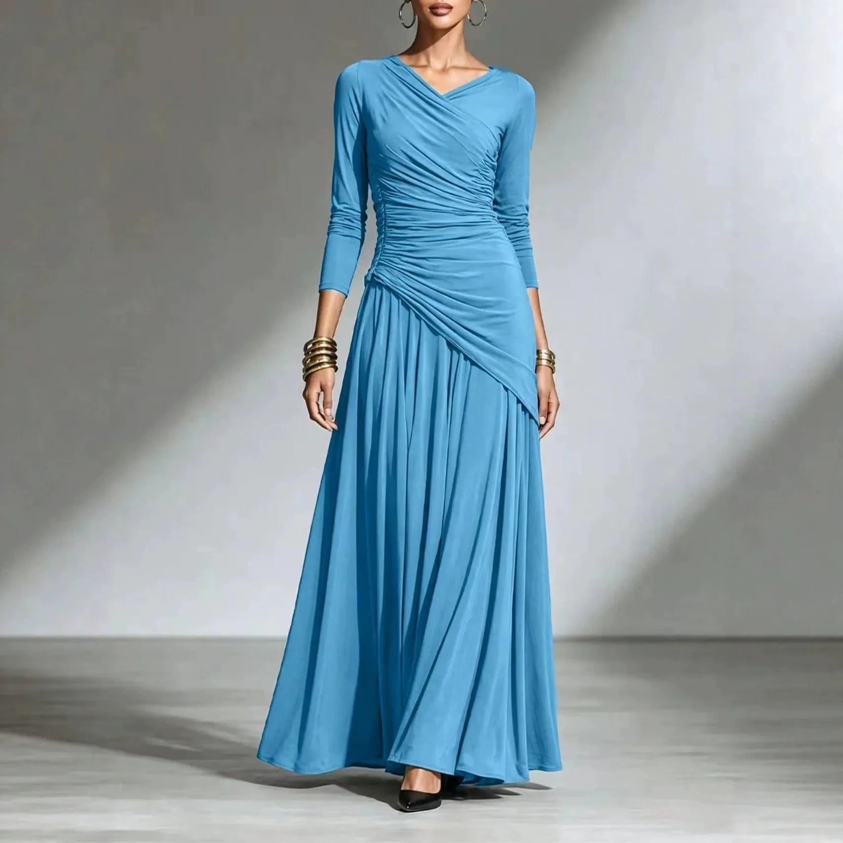Elegant Long Sleeve Maxi Dress, Surplice V Neck Side Ruched Asymmetrical Flowy Gown