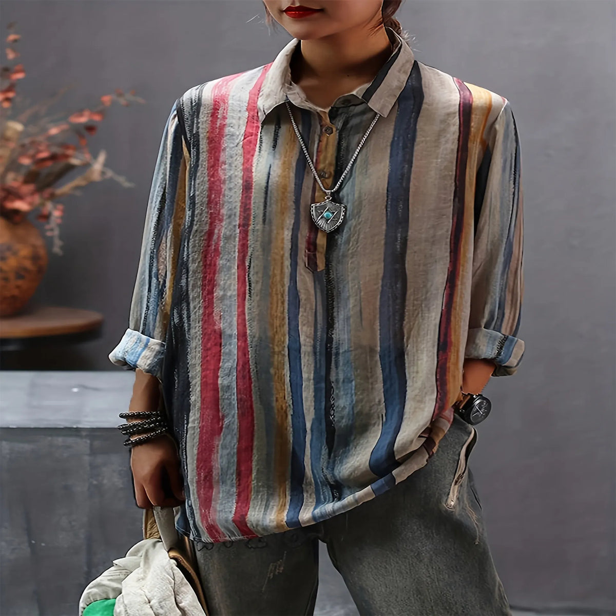 Contrast Color Vertical Stripe Stand Collar Loose Woven Long Sleeve Pullover Shirt