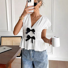 V-Neck Ruffle Cap Sleeve Double Bow Peplum Textured Top
