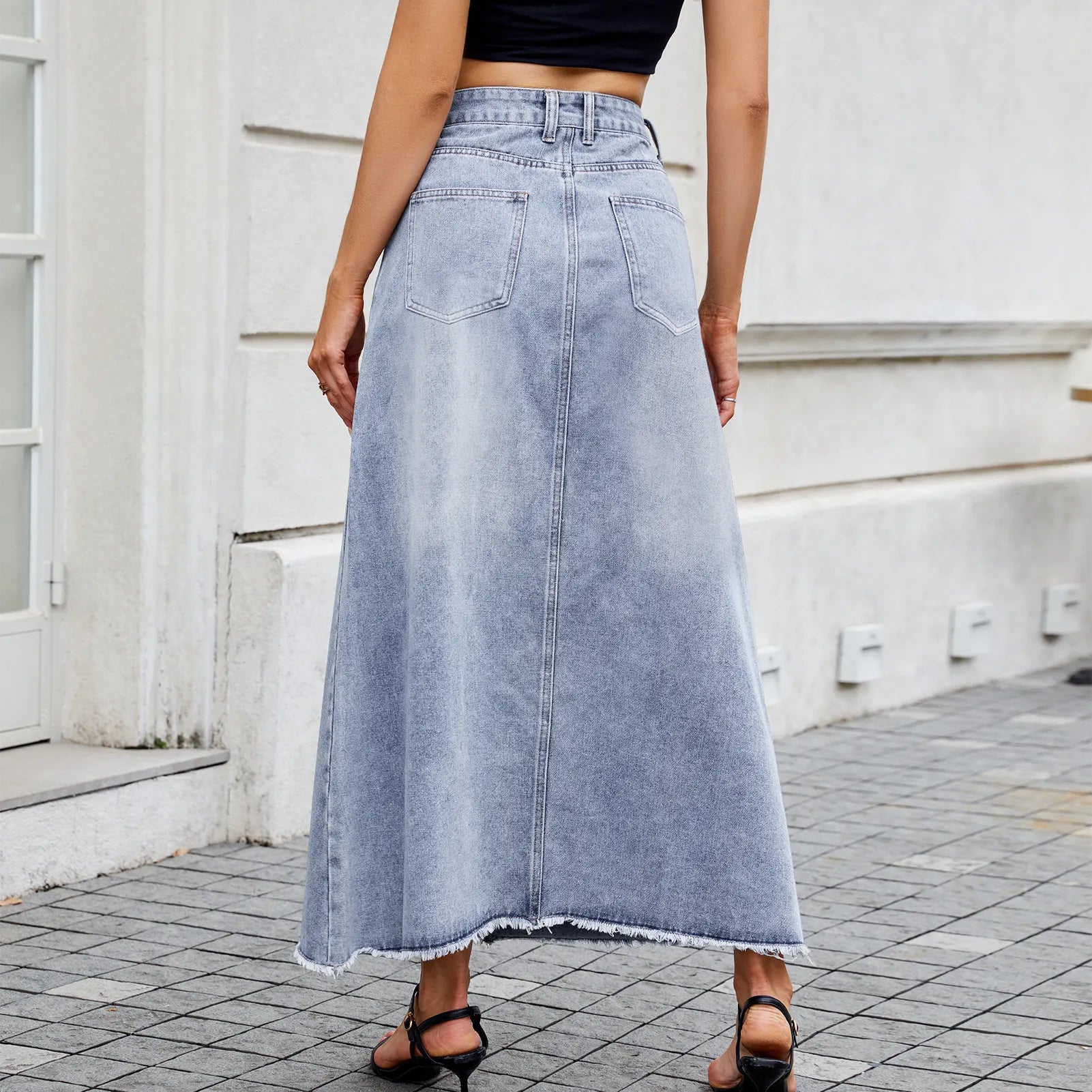 Raw Hem Denim Maxi Skirt