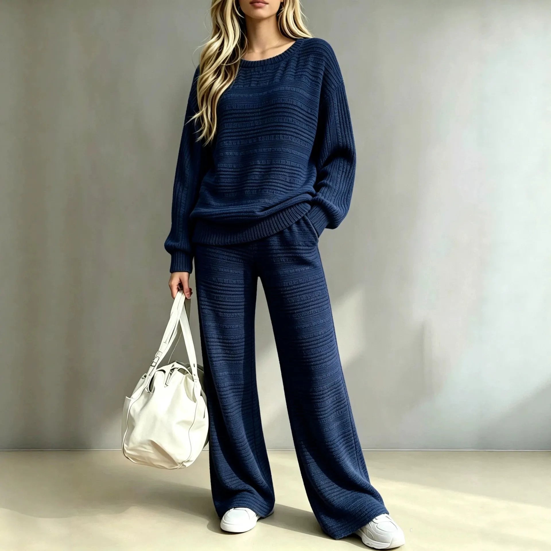 Cozy Striped Knit Matching Set, Long Sleeve Top + Wide Leg Trousers Casual Outfit