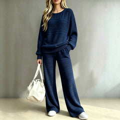 Cozy Striped Knit Matching Set, Long Sleeve Top + Wide Leg Trousers Casual Outfit