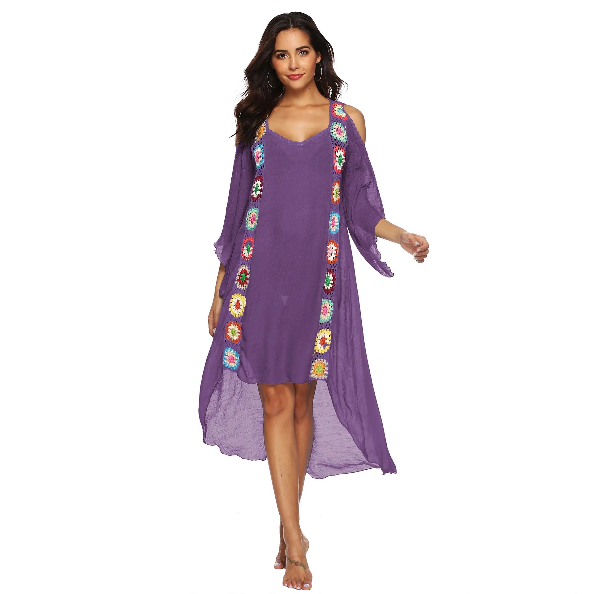 Colorful Crochet Irregular Cold Shoulder Cover-Up Dress