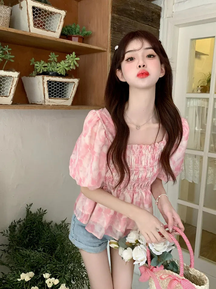 Tie-Dye Square Neck Puff Short Sleeve Peplum Top