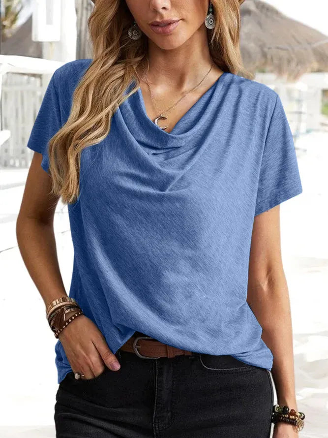 Solid Color Cowl Neck Loose Fit Short Sleeve T-Shirt