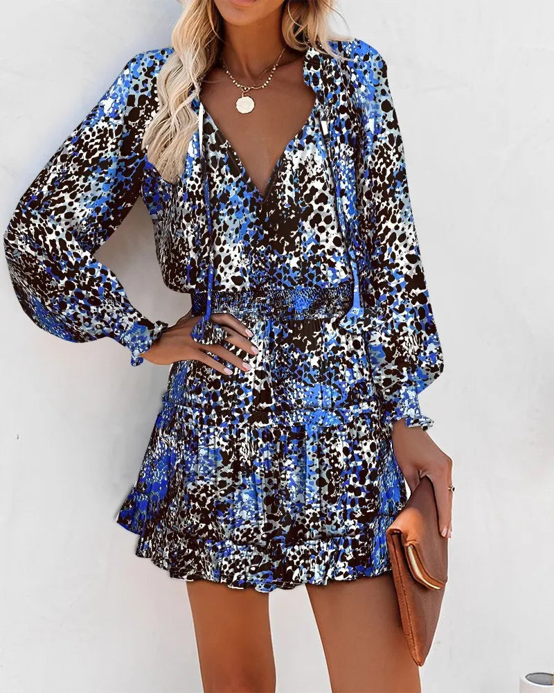 Red Leopard Print V-Neck Mini Dress - Long Sleeve Ruffle Hem Party Dress