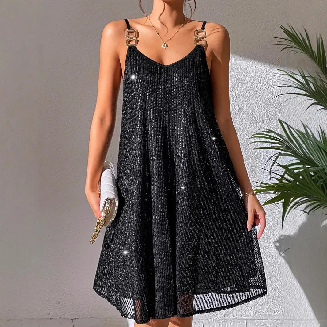 Black Sequin Chain Strap A-Line Mini Dress