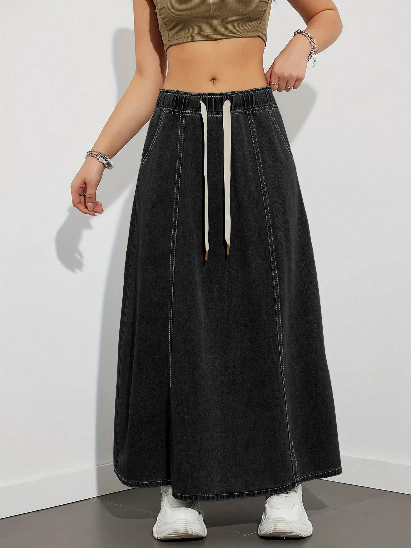 Elastic Waist Denim Maxi Skirt