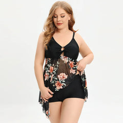 Plus Size Floral Print Swim Dress V-Neck Mesh Skirt Swimsuit