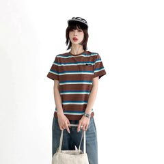 Round Neck Colorful Striped Loose Short Sleeve Cotton T-Shirt