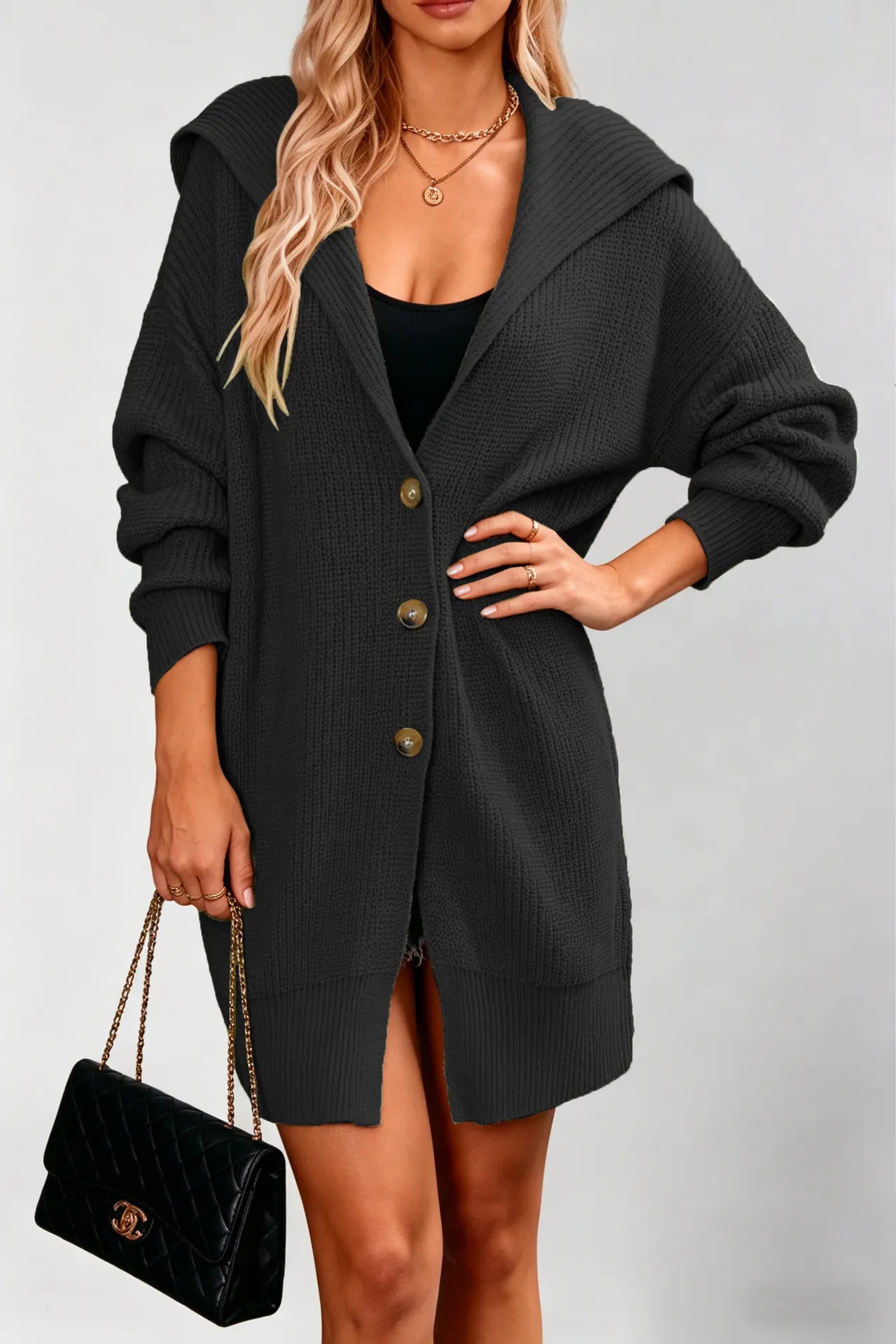 Waffle Knit Lapel Button Midi Pocket Cardigan Sweater