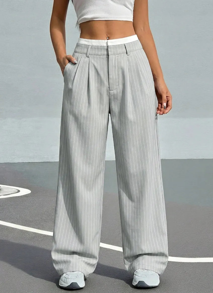 High Waist Striped Loose Wide Leg Suit Pants