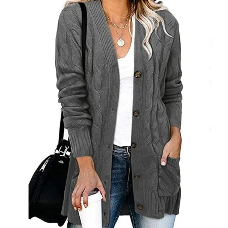 Casual Long Sleeve Cable Knit Cardigan Ladies Mid Length Open Front Button Sweater Jacket