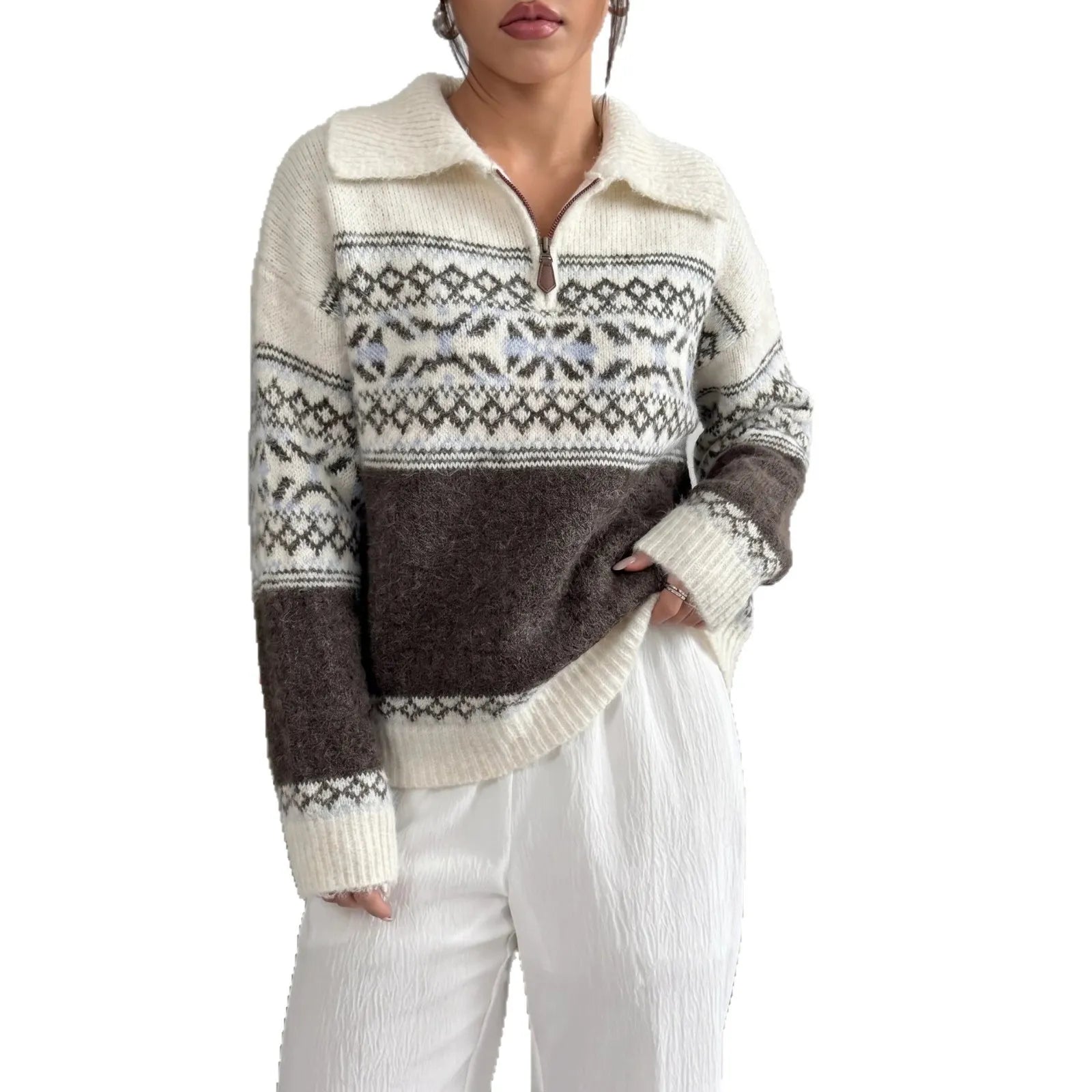 Retro Fair Isle Knit Sweater, Half Zip Lapel Collar Winter Pullover
