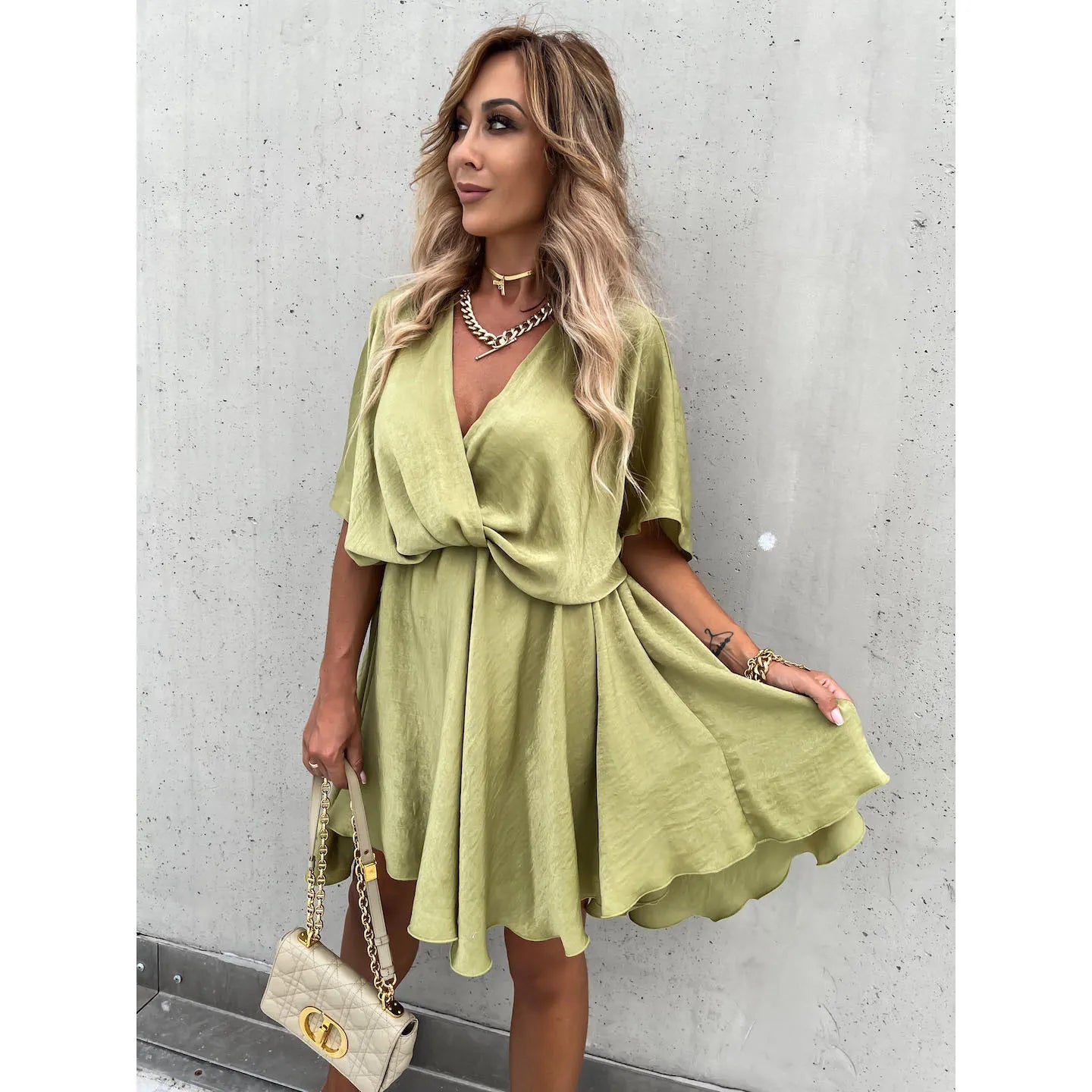 Batwing Sleeve Wrap Front Mini Dress