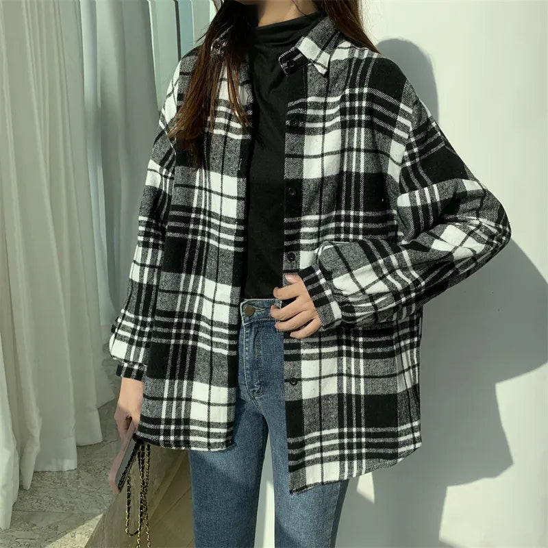 Fall Oversized Brown Black Plaid Shirt, Long Length Button Front Loose Fit Blouse