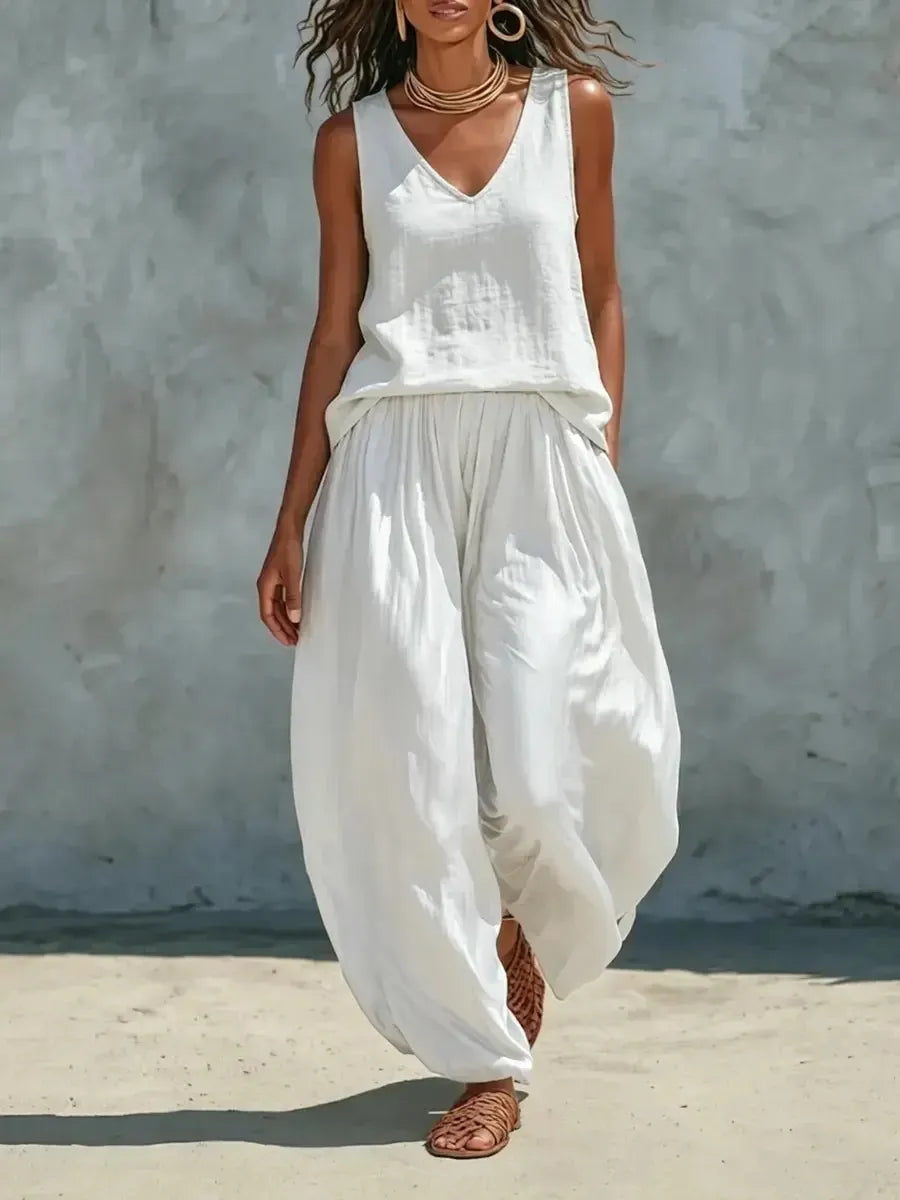V Neck Sleeveless Vest & Elastic Waist Wide Leg Long Pants