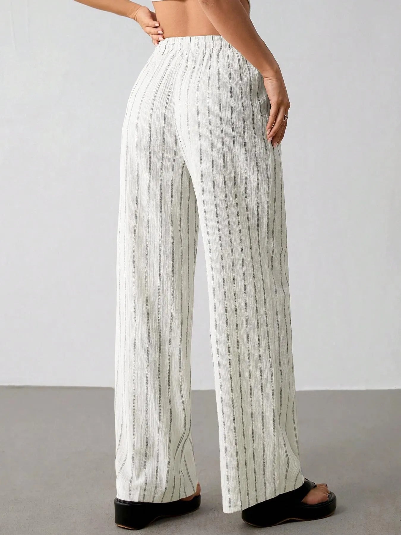 Vertical Striped Elastic Waist Wide Leg Pants
