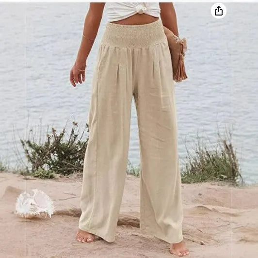High Waist Smocked Waistband Cotton Linen Wide Leg Pants