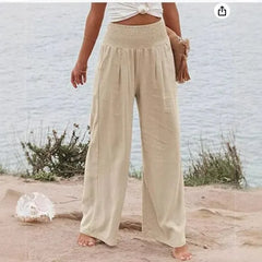 High Waist Smocked Waistband Cotton Linen Wide Leg Pants