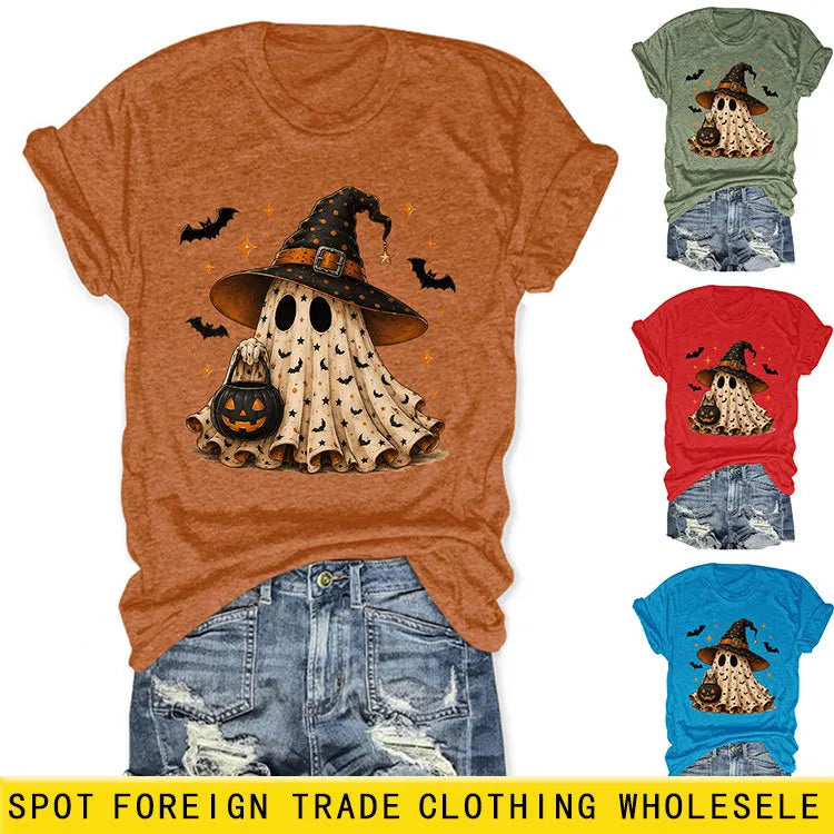 Halloween Ghost Witch Bat Print Crew Neck Short Sleeve T‑Shirt