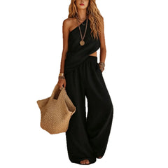 Diagonal Halter Wrap Top + Elastic Wide Leg Pants Two-piece Set