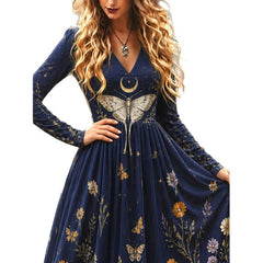 Bohemian Moon & Wildflower Print Long Dress, Deep V Neck Butterfly Moth Long Sleeve Gown