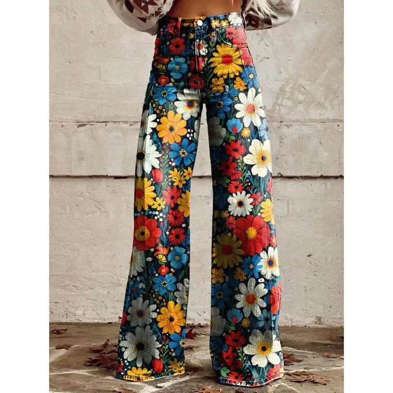 High Waist Western Cowboy Horse Print Wide Leg Pants
