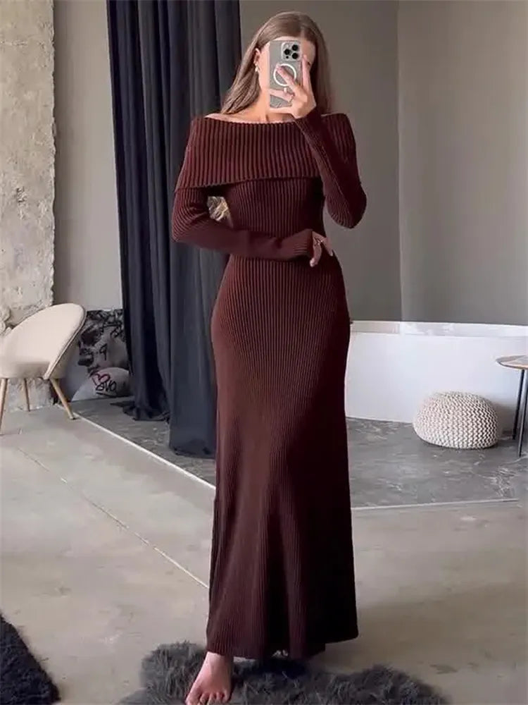 Off Shoulder Ribbed Knit Maxi Dress