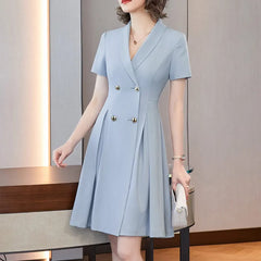 Navy Blue V-Neck Short-Sleeve Blazer Midi Dress