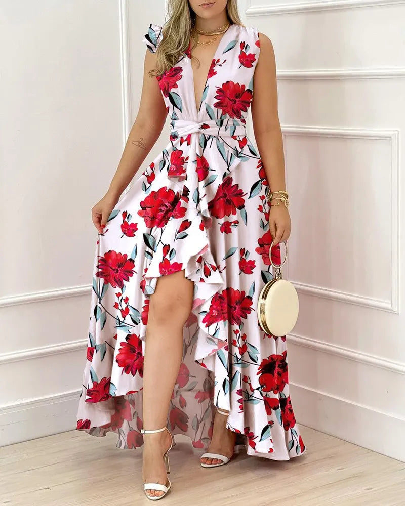 Deep V Neck Ruffle Floral High Low Maxi Dress
