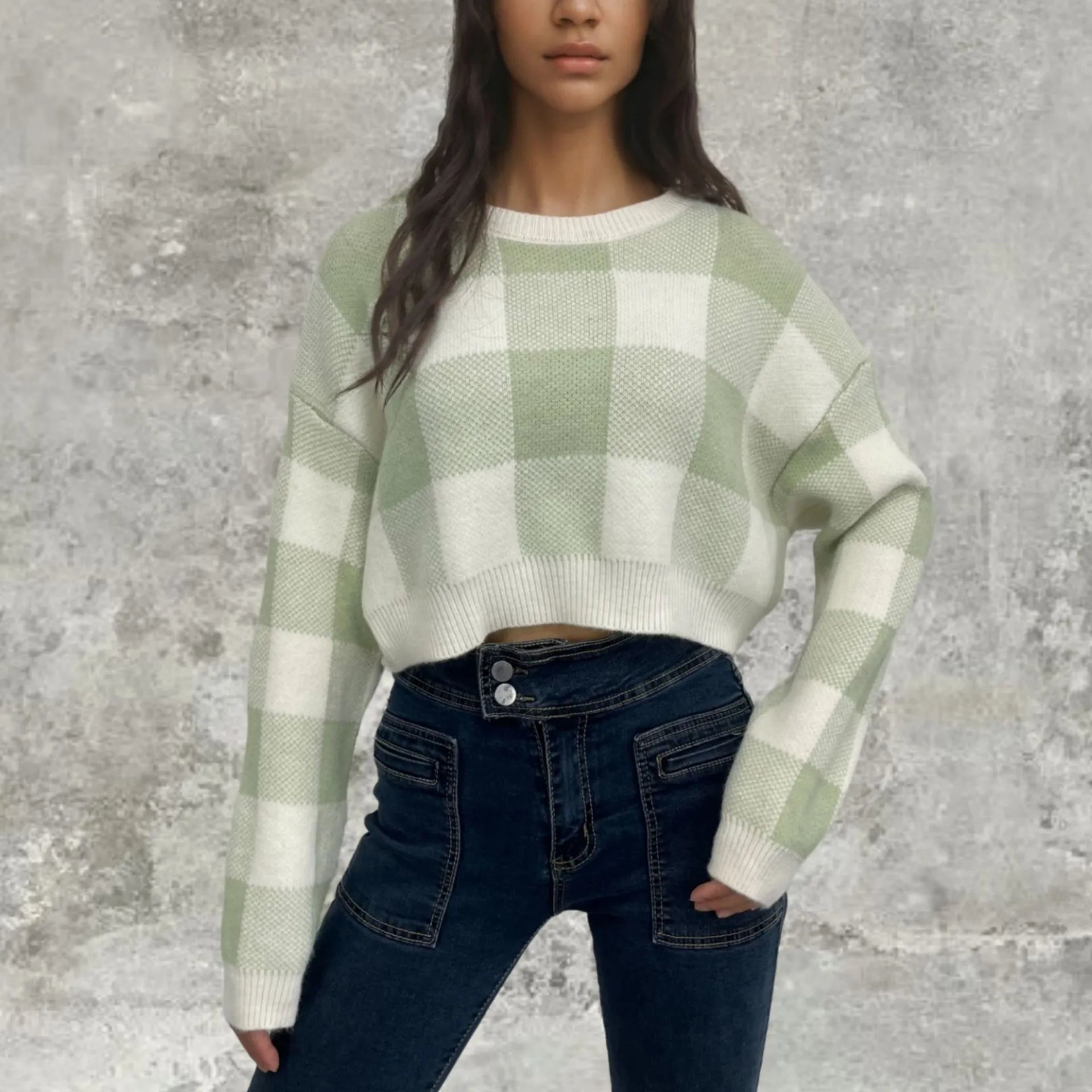 Pink White Plaid Round Neck Cropped Pullover Sweater