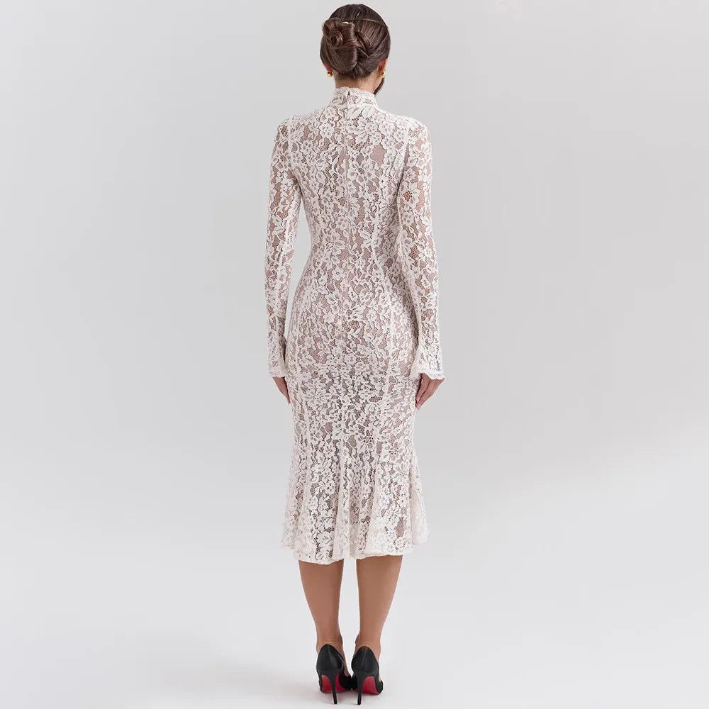 White Lace High Neck Midi Dress Long Sleeve Bodycon Mermaid Dress