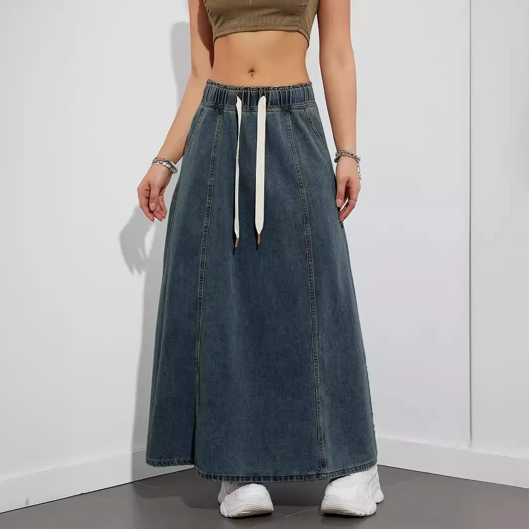 Elastic Waist Denim Maxi Skirt