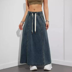 Elastic Waist Denim Maxi Skirt