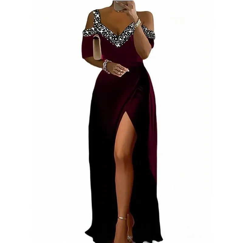 Cold Shoulder Rhinestone Maxi Dress, V Neck High Split Formal Evening Party Gown