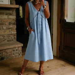 V-Neck Lace Tie Spliced Sleeveless Loose Midi Dress