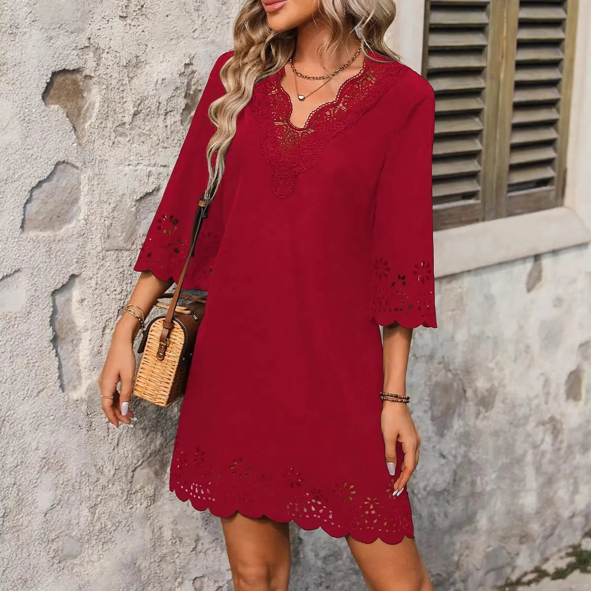 Solid Color Lace Trim V-Neck 3/4 Sleeve Midi Dress